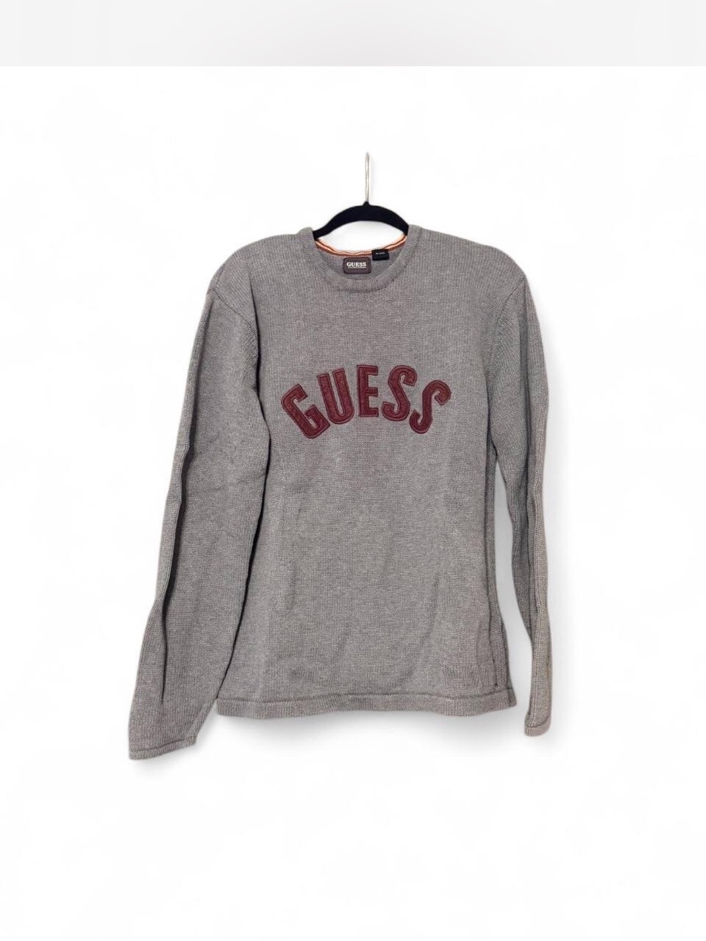 Guess Gray Knit Crewneck Sweatshirt with maroon Logo mens XL vintage